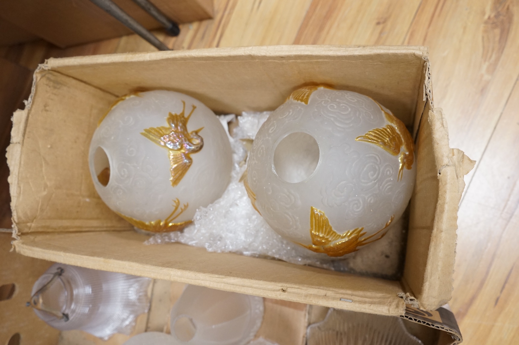Three pair pairs various glass light shades and four single shades, to include a pair of French Art Deco Brevete S.G.D.G France et aL’Etranger